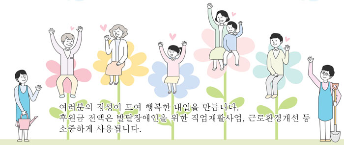 여러분의 정성이 모여 행복한 내일을 만듭니다.
후원금 전액은 발달장애인을 위한 직업재활사업, 근로환경개선 등 소중하게 사용됩니다.